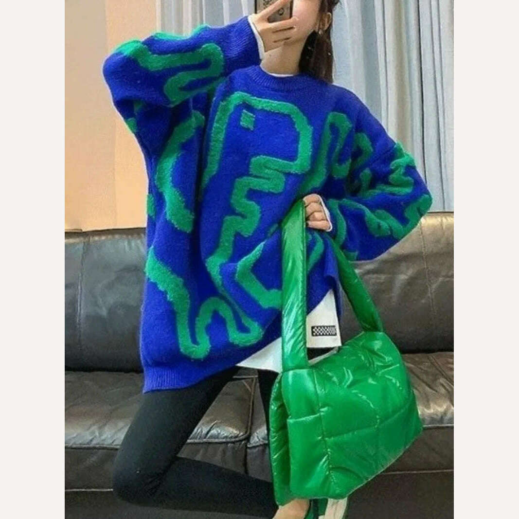 Towel Embroidery Thickened Sweater Women's 2023 Winter New Korean Version Thickened Loose Round Neck Medium Long Coat Knitwear - KIMLUD