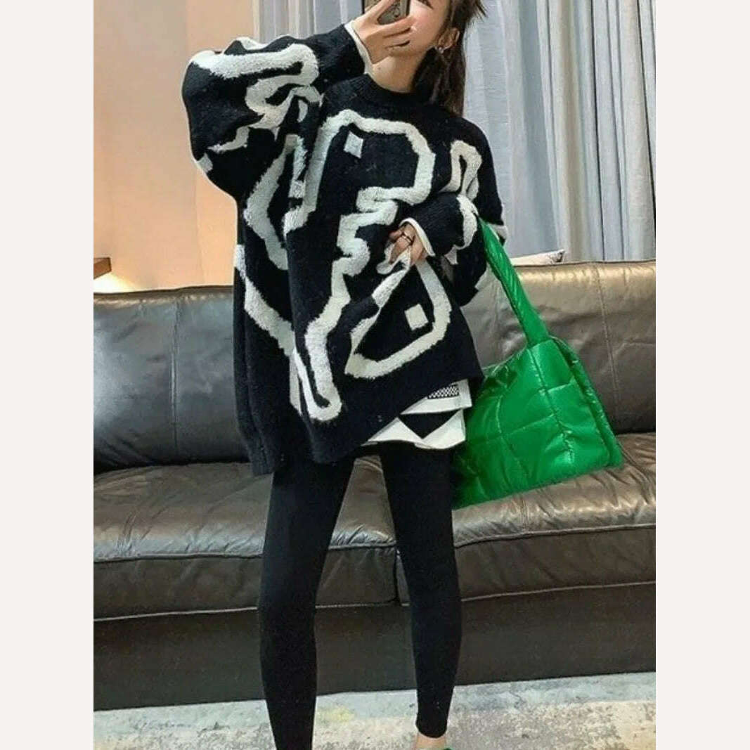 Towel Embroidery Thickened Sweater Women's 2023 Winter New Korean Version Thickened Loose Round Neck Medium Long Coat Knitwear - KIMLUD