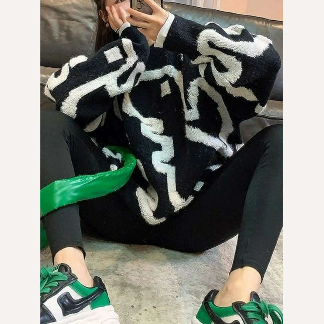 Towel Embroidery Thickened Sweater Women's 2023 Winter New Korean Version Thickened Loose Round Neck Medium Long Coat Knitwear - KIMLUD
