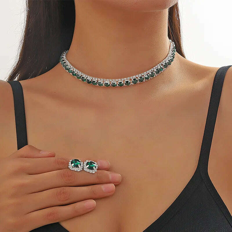 TREAZY elagent green crystal stone choker necklace earrings set charm vintage wedding dress accessories for women - KIMLUD