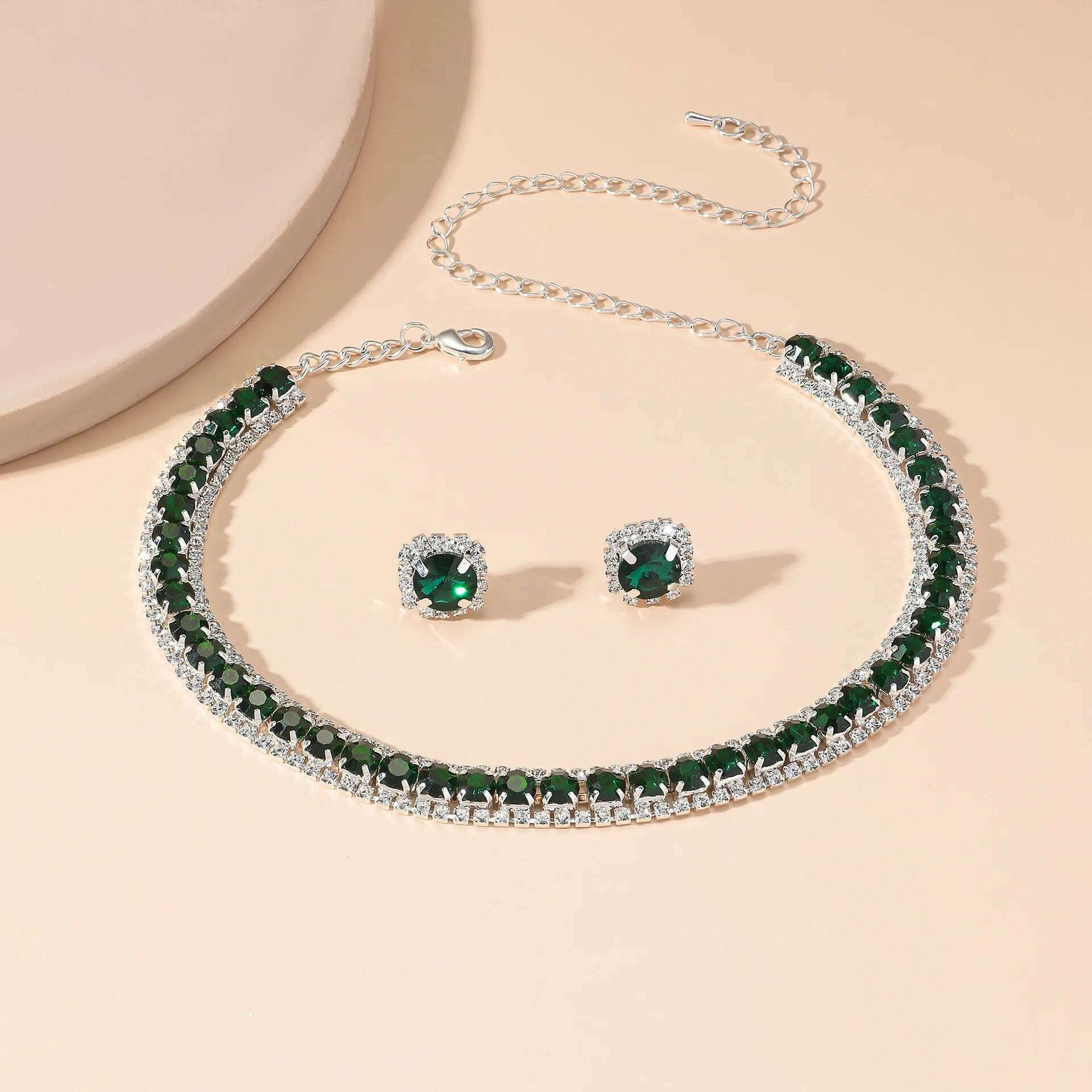 TREAZY elagent green crystal stone choker necklace earrings set charm vintage wedding dress accessories for women - KIMLUD