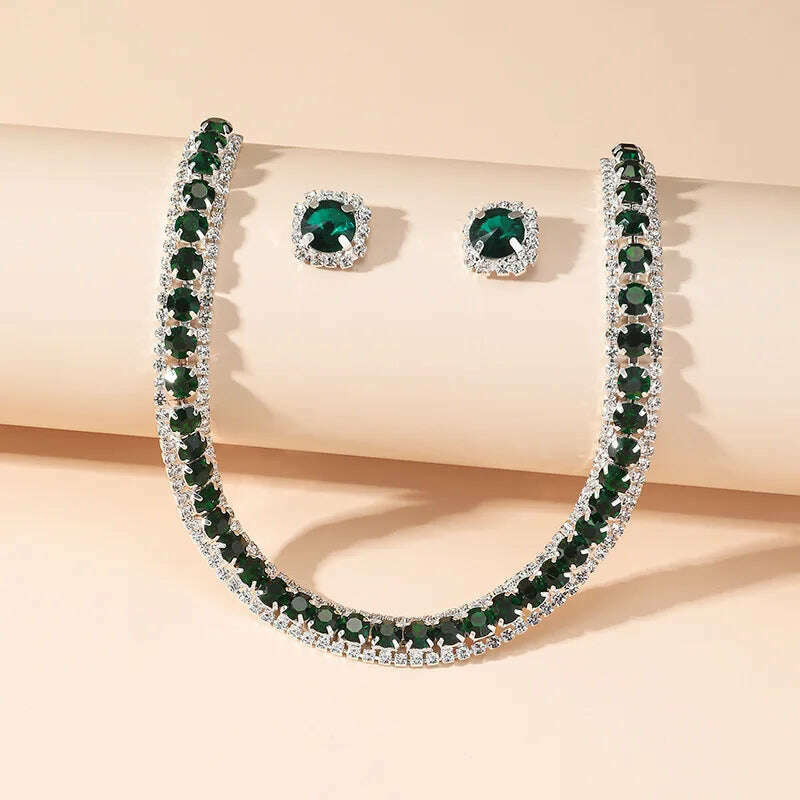 TREAZY elagent green crystal stone choker necklace earrings set charm vintage wedding dress accessories for women - KIMLUD