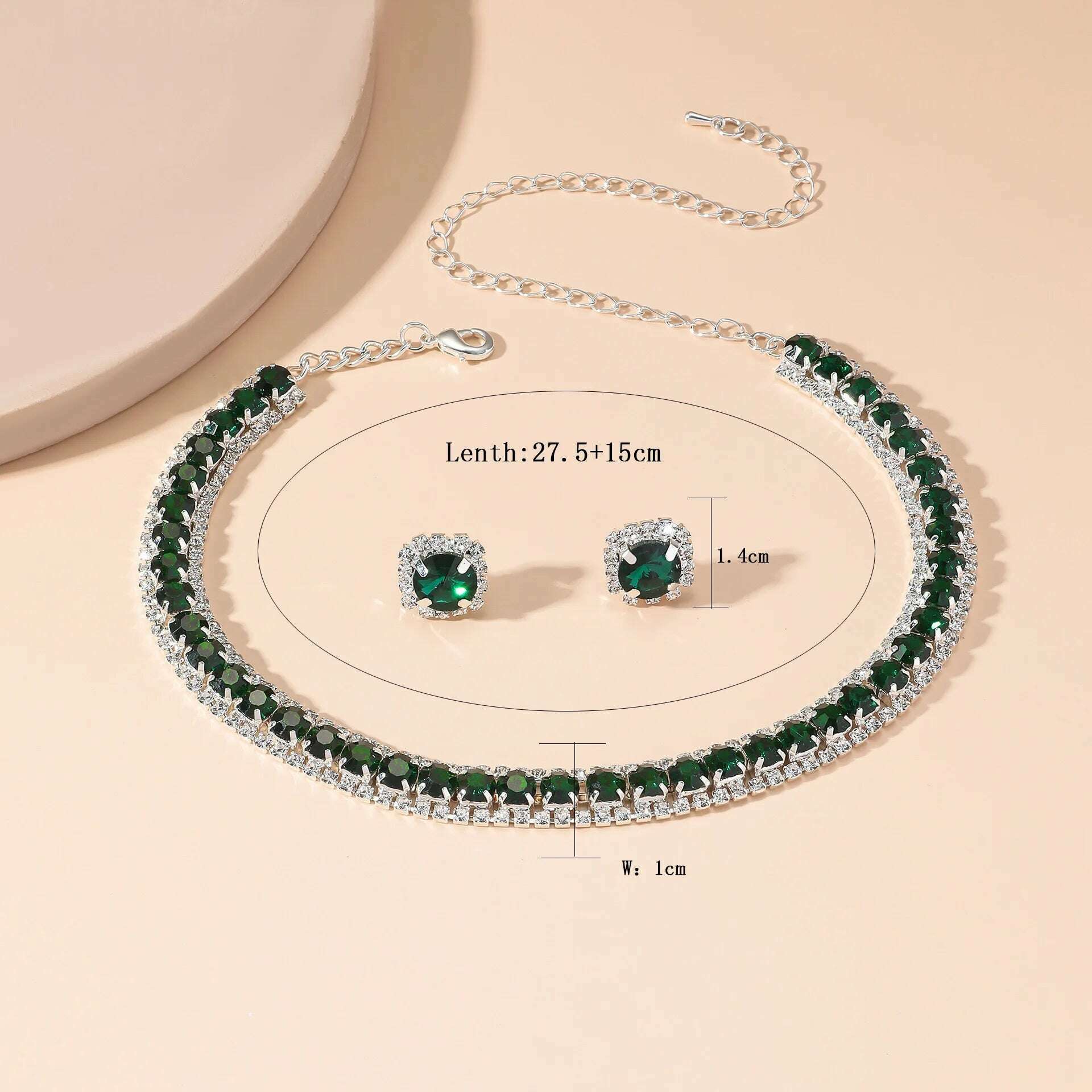 TREAZY elagent green crystal stone choker necklace earrings set charm vintage wedding dress accessories for women - KIMLUD