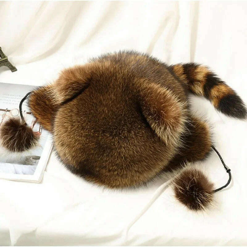 KIMLUD, trend Raccoon Fur Cap Tail Women Natural Raccoon Fur Caps Ushanka Hats for Winter Thick Warm Ears Fashion Bomber Pom Pom Hat, KIMLUD Womens Clothes