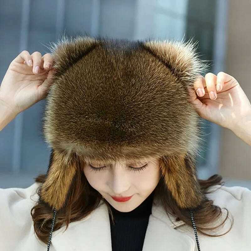 KIMLUD, trend Raccoon Fur Cap Tail Women Natural Raccoon Fur Caps Ushanka Hats for Winter Thick Warm Ears Fashion Bomber Pom Pom Hat, KIMLUD Womens Clothes