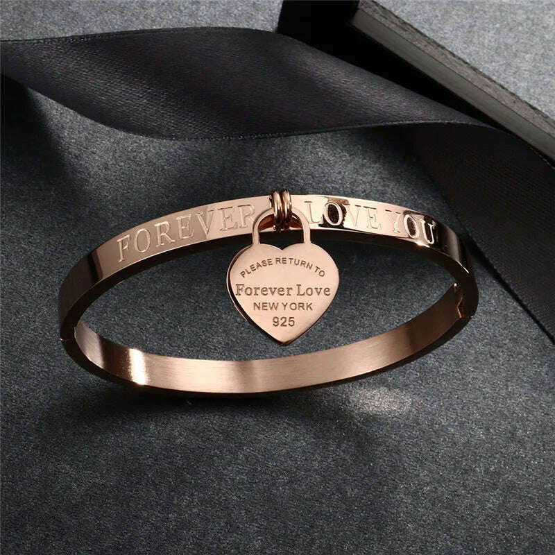 Trendy Lover Cuff Bracelets Bangles for Woman Rose Gold Color Stainless Steel Bracelet with Heart Pendant Luxury Jewelry - KIMLUD