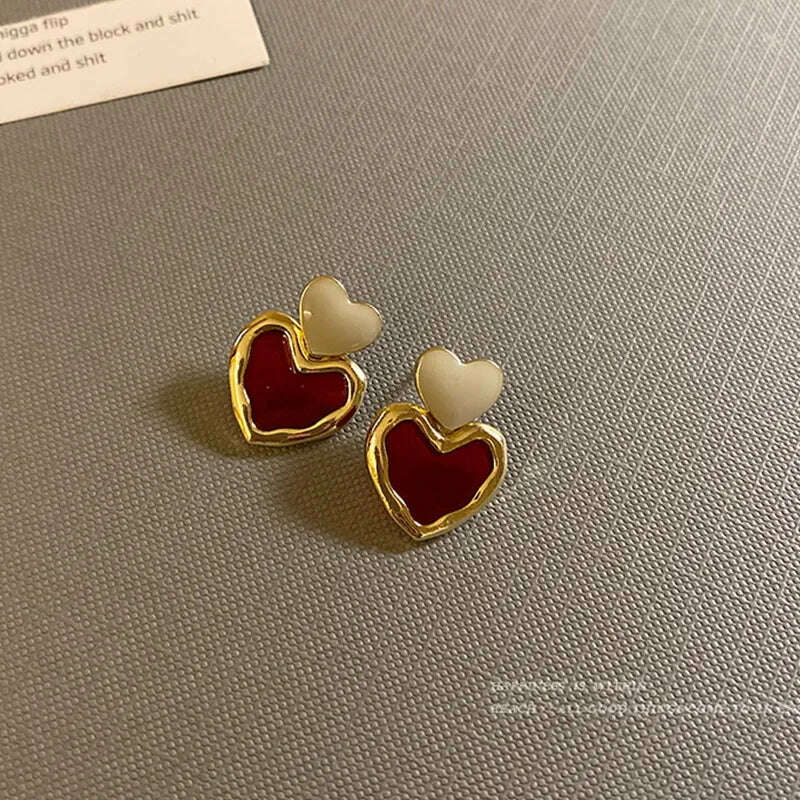 Trendy Sweet Burgundy Enamel Heart Earrings for Women Girl Gold Color Metal Love Heart Hanging Dangle Earrings Vintage Jewelry - KIMLUD