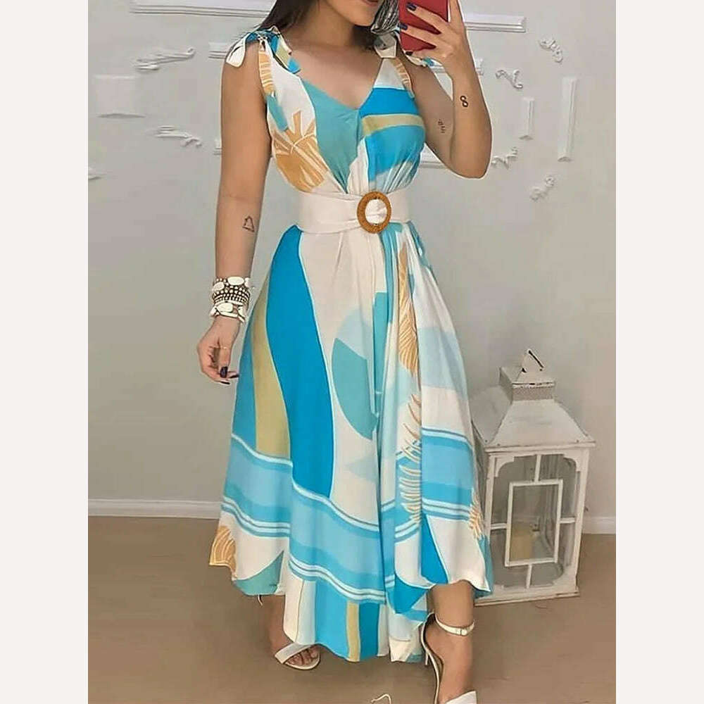 Tropical Print V Neck Tie Up Maxi Dress with Belt Women Sleeveless Casual Summer Dress - KIMLUD