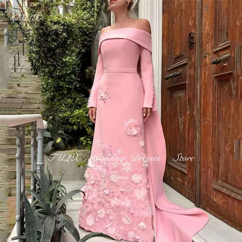 KIMLUD, TULX Evening Dresses Crepe Off the Shoulder Appliques 3D Floral Exquisite Floor Length Pink Luxurious السعود For Woman 2025, KIMLUD Womens Clothes