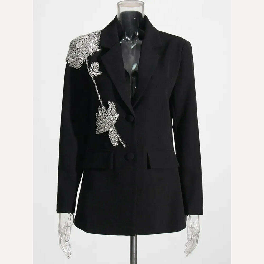 TWOTWINSTYLE Autumn Slim Blazers For Women Notched Collar Long Sleeve Patchwork Diamonds Chic Style Blazer Female Fashion 2023 - KIMLUD