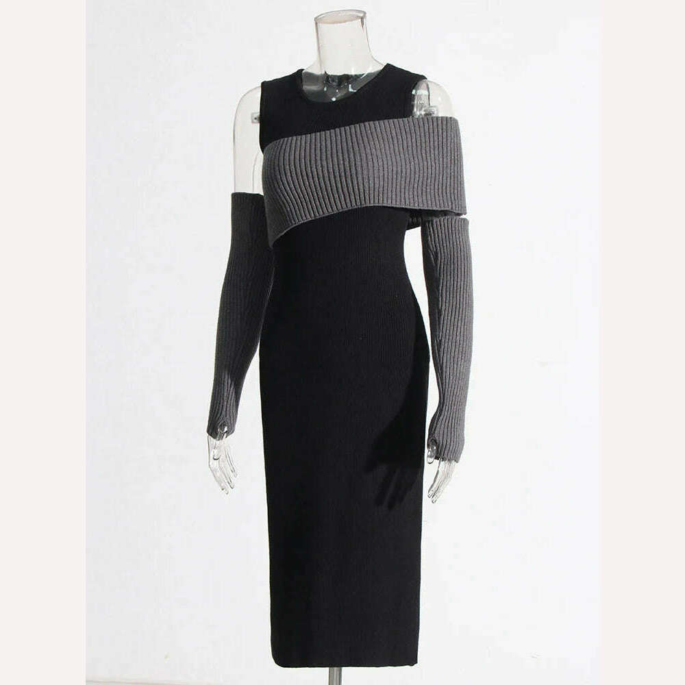 TWOTWINSTYLE Colorblock Slimming Knitting Dresses For Women Round Neck Long Sleeve High Waist Bodycon Dress Female Fashion 2023 - KIMLUD