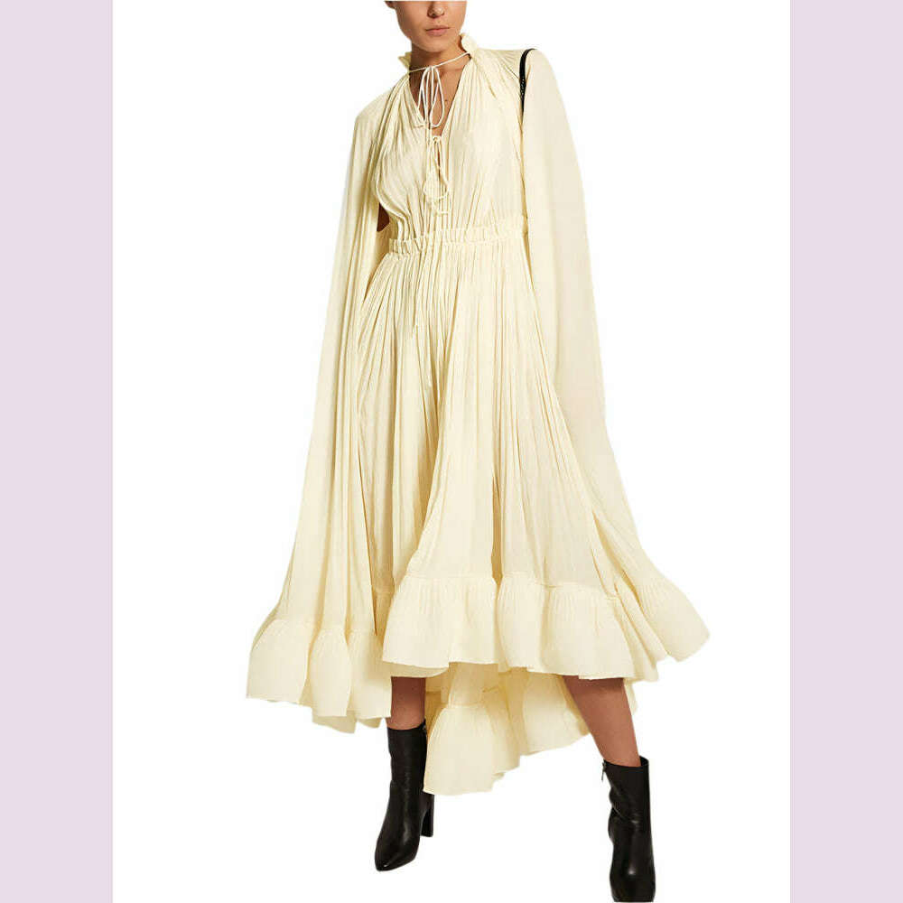 KIMLUD, TWOTWINSTYLE Elegant Solid Dresses For Women V Neck Cloak Sleeves High Waist Spliced Lace Up Ruffles Pleated Dress Female Summer, KIMLUD Womens Clothes