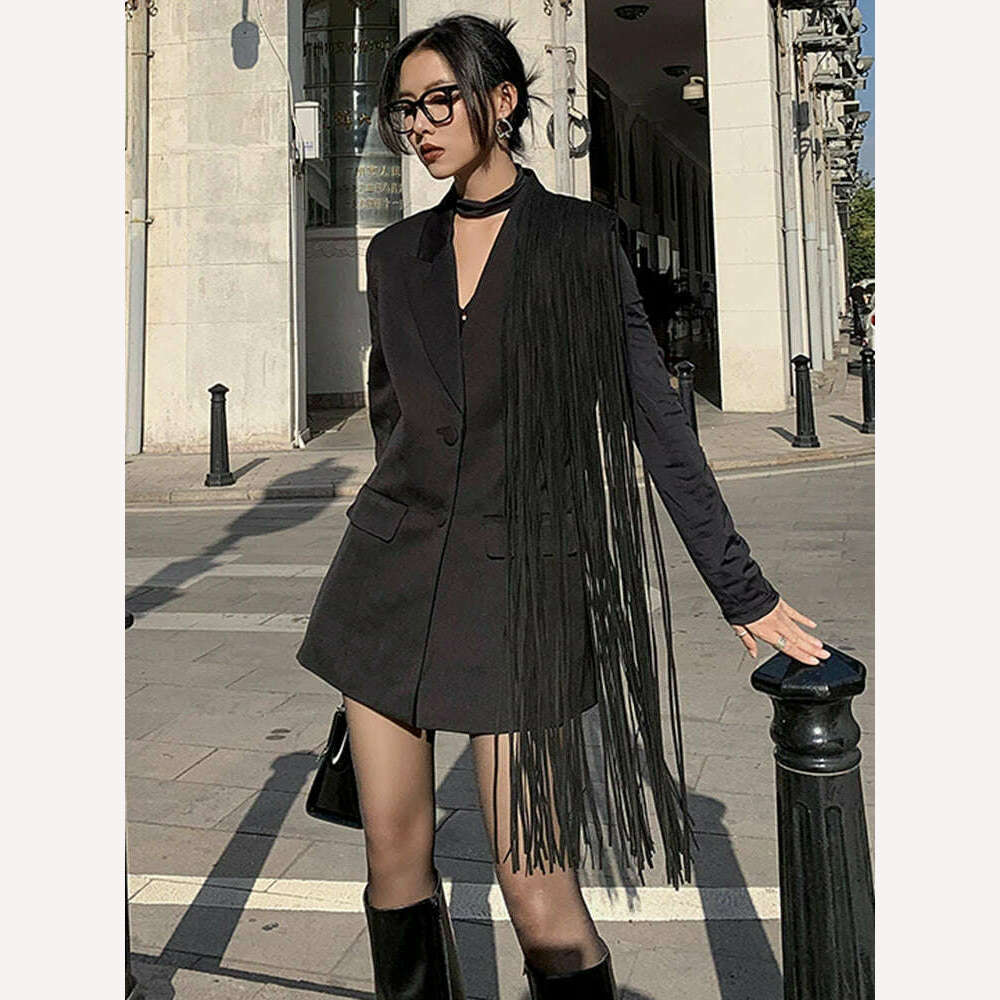 TWOTWINSTYLE Korean Fashion Black Patchwork Tassels Blazer For Women Notched Collar Long Sleeve Solid Blazers Female Spring 2023 - KIMLUD