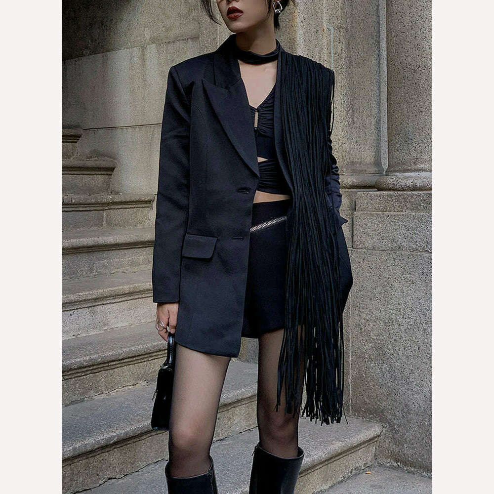 TWOTWINSTYLE Korean Fashion Black Patchwork Tassels Blazer For Women Notched Collar Long Sleeve Solid Blazers Female Spring 2023 - KIMLUD