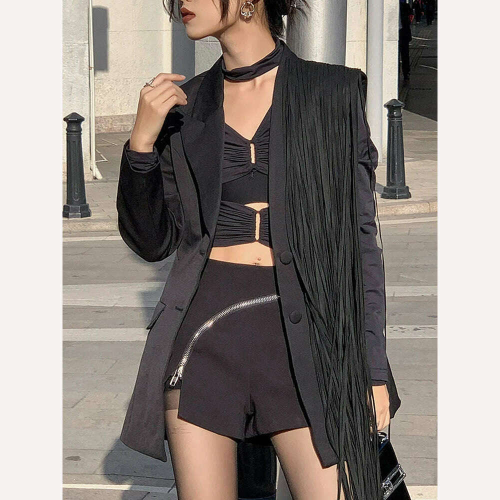 TWOTWINSTYLE Korean Fashion Black Patchwork Tassels Blazer For Women Notched Collar Long Sleeve Solid Blazers Female Spring 2023 - KIMLUD