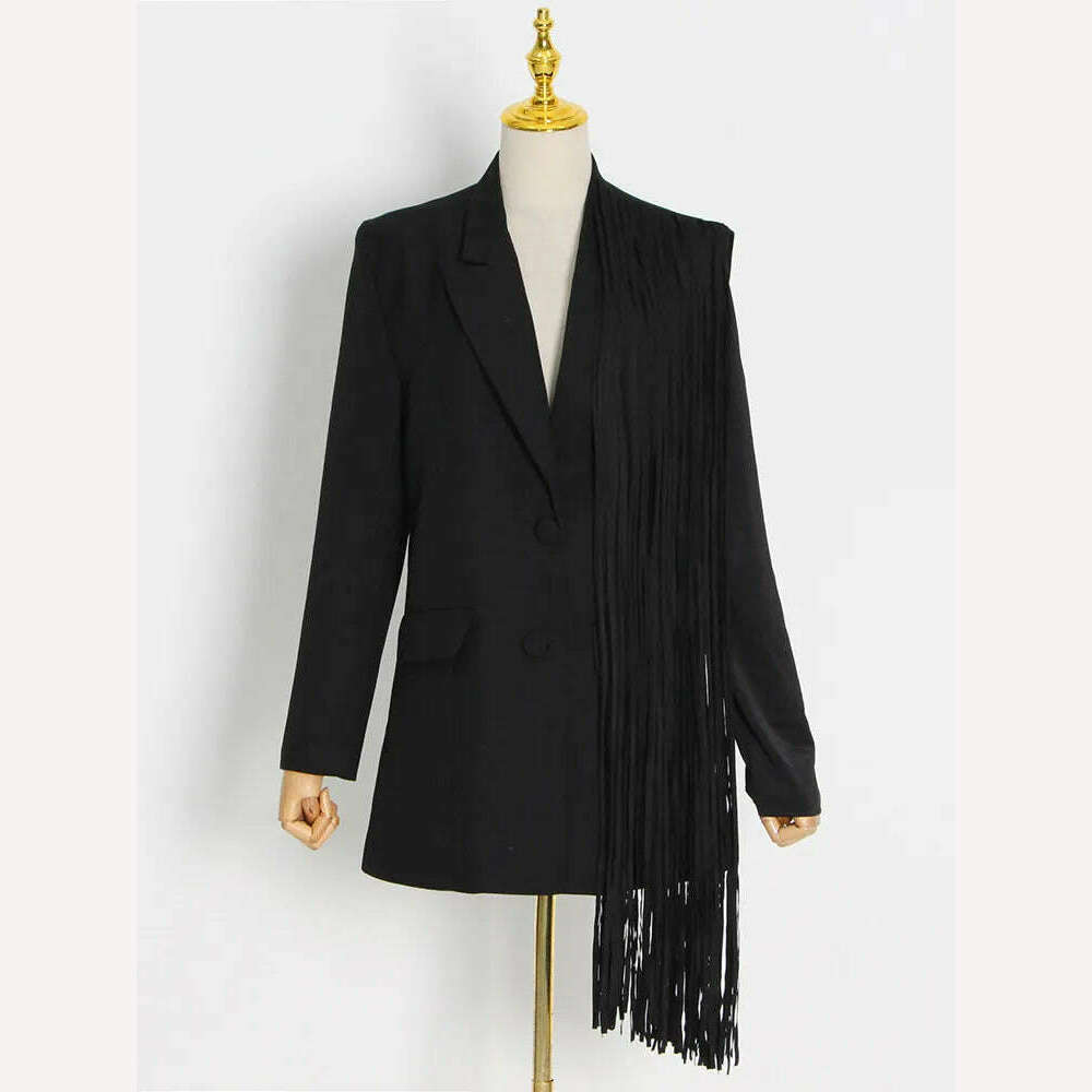 TWOTWINSTYLE Korean Fashion Black Patchwork Tassels Blazer For Women Notched Collar Long Sleeve Solid Blazers Female Spring 2023 - KIMLUD