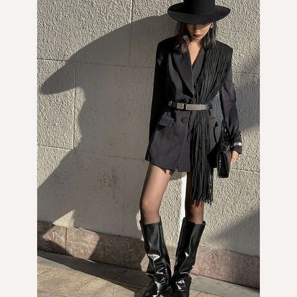 TWOTWINSTYLE Korean Fashion Black Patchwork Tassels Blazer For Women Notched Collar Long Sleeve Solid Blazers Female Spring 2023 - KIMLUD