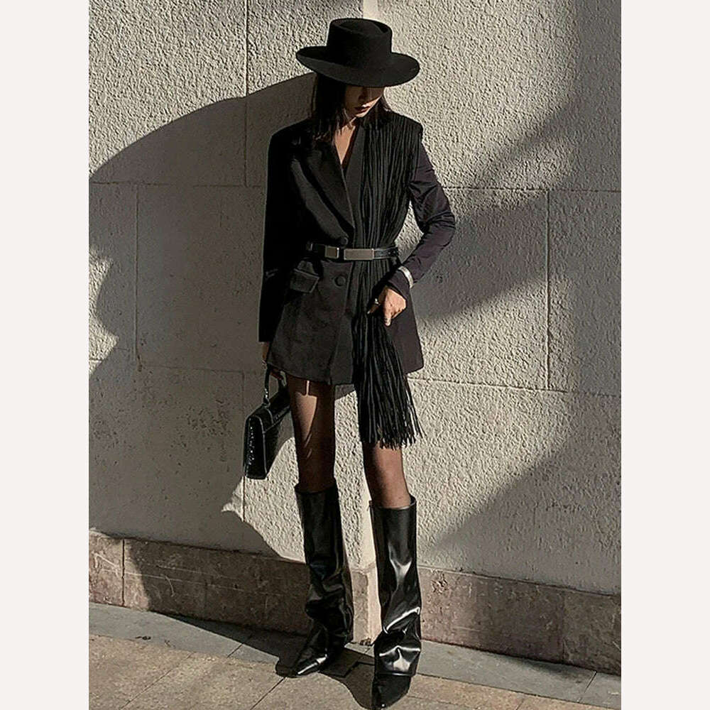 TWOTWINSTYLE Korean Fashion Black Patchwork Tassels Blazer For Women Notched Collar Long Sleeve Solid Blazers Female Spring 2023 - KIMLUD
