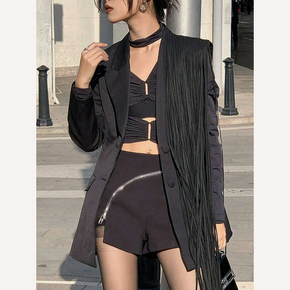 TWOTWINSTYLE Korean Fashion Black Patchwork Tassels Blazer For Women Notched Collar Long Sleeve Solid Blazers Female Spring 2023 - KIMLUD