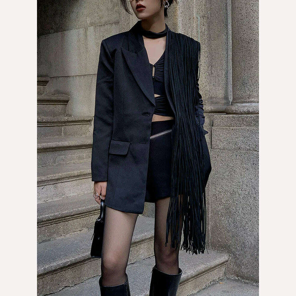 TWOTWINSTYLE Korean Fashion Black Patchwork Tassels Blazer For Women Notched Collar Long Sleeve Solid Blazers Female Spring 2023 - KIMLUD