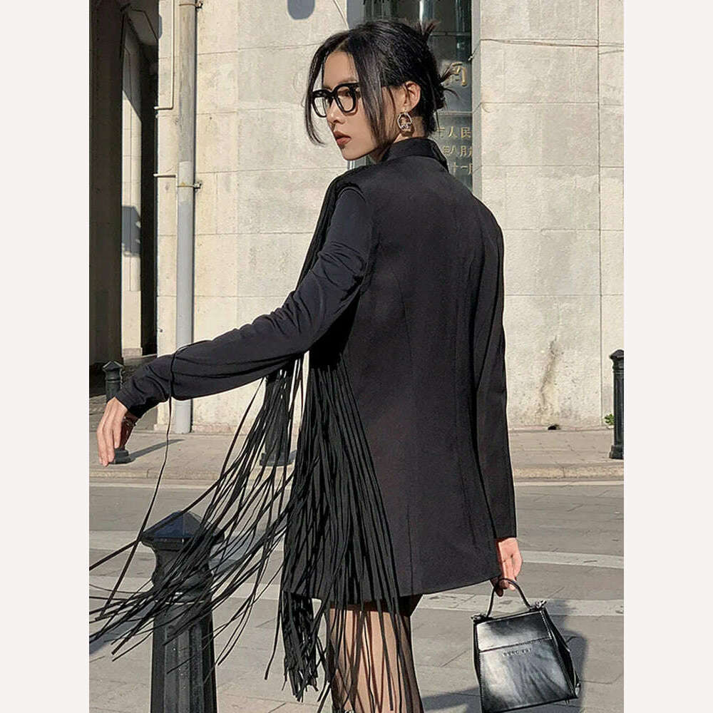 TWOTWINSTYLE Korean Fashion Black Patchwork Tassels Blazer For Women Notched Collar Long Sleeve Solid Blazers Female Spring 2023 - KIMLUD