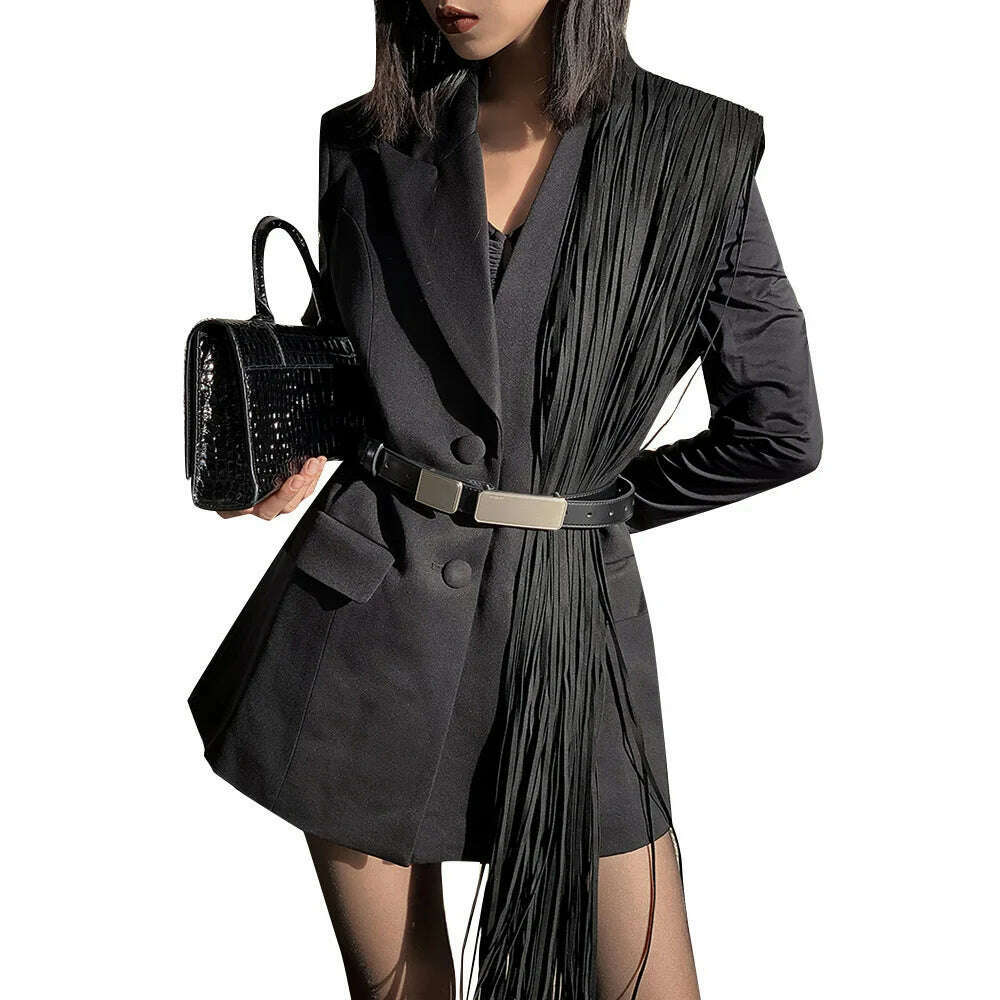 TWOTWINSTYLE Korean Fashion Black Patchwork Tassels Blazer For Women Notched Collar Long Sleeve Solid Blazers Female Spring 2023 - KIMLUD