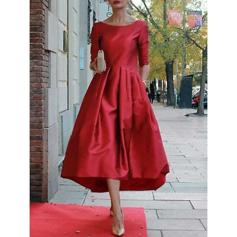 KIMLUD, UOOZEE Women's Elegant Banquet Evening Midi Dresses 2024 New Autumn Half Sleeves Pleated Solid Color Party A-Line Dress, KIMLUD Womens Clothes