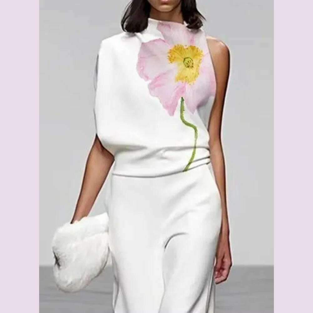 KIMLUD, UOOZEE Women's Fashion Floral Printed Sleeveless High Neck Vest Tops & Elastic High Waisted Loose Straight Leg Pants 2024 New, KIMLUD Womens Clothes