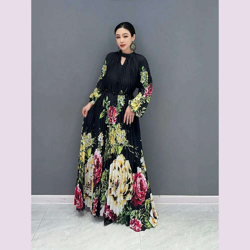 KIMLUD, Vefadisa 2023 Autumn Casual Light Luxury Wind Pressure Pleated Waist Long Dress Fashion Printed Small Flower Personalized ZY1923, KIMLUD Womens Clothes