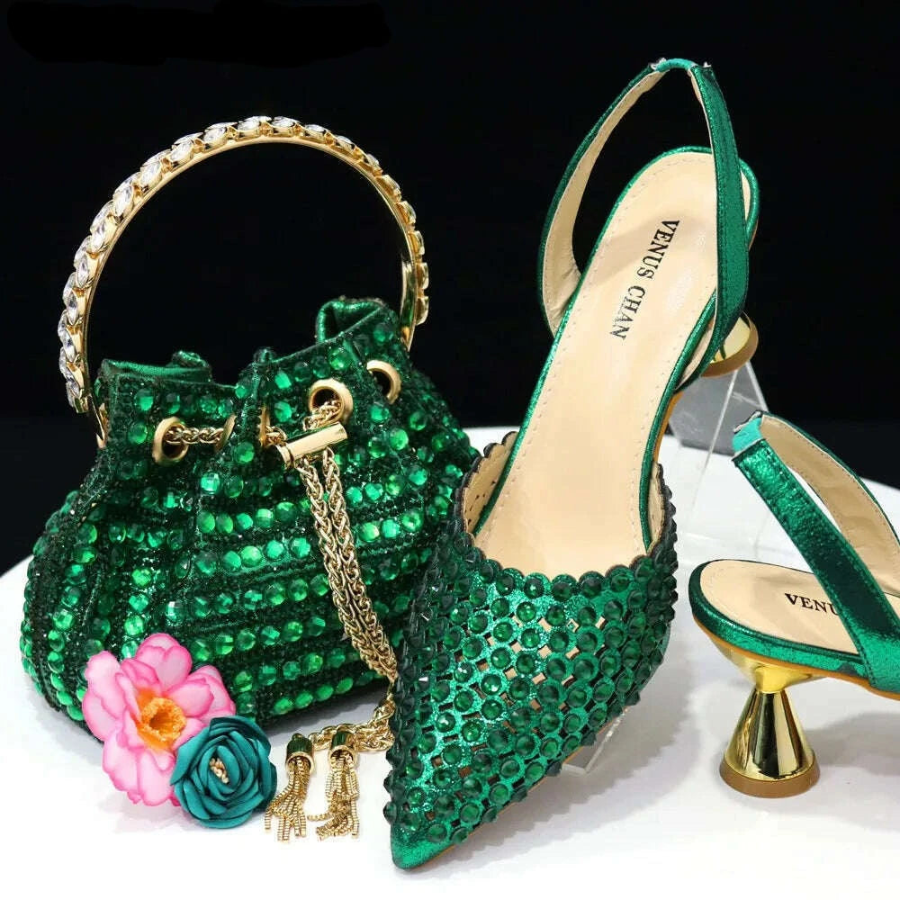 Venus Chan High Heels for Lady 2023 Luxury Designer Green Color Full Diamond Pointed Toe Wedding Shoe and Bag Set for Party - KIMLUD