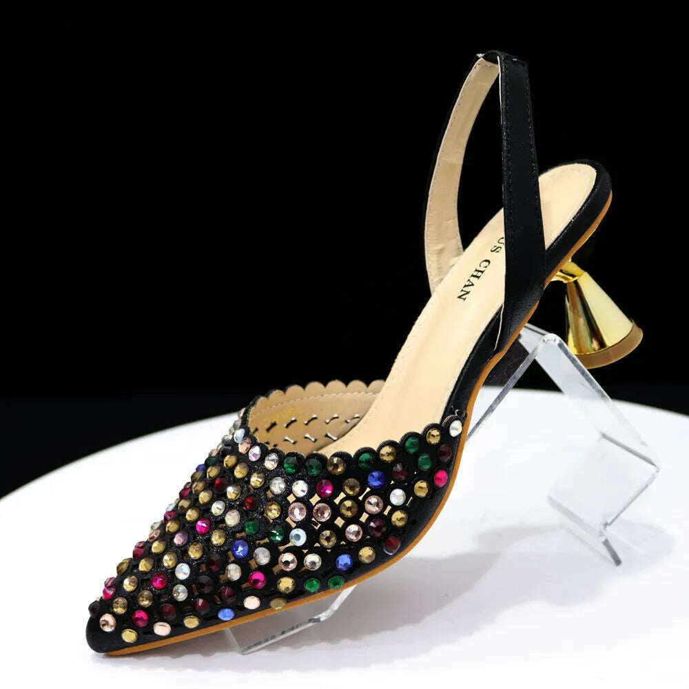 Venus Chan High Heels for Lady 2023 Luxury Designer Green Color Full Diamond Pointed Toe Wedding Shoe and Bag Set for Party - KIMLUD