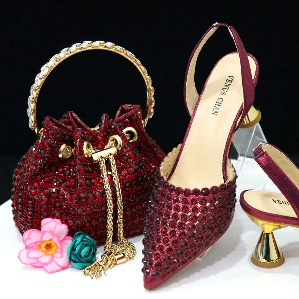 Venus Chan High Heels for Lady 2023 Luxury Designer Green Color Full Diamond Pointed Toe Wedding Shoe and Bag Set for Party - KIMLUD