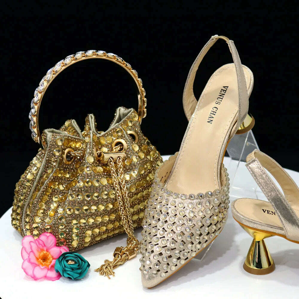 Venus Chan High Heels for Lady 2023 Luxury Designer Green Color Full Diamond Pointed Toe Wedding Shoe and Bag Set for Party - KIMLUD