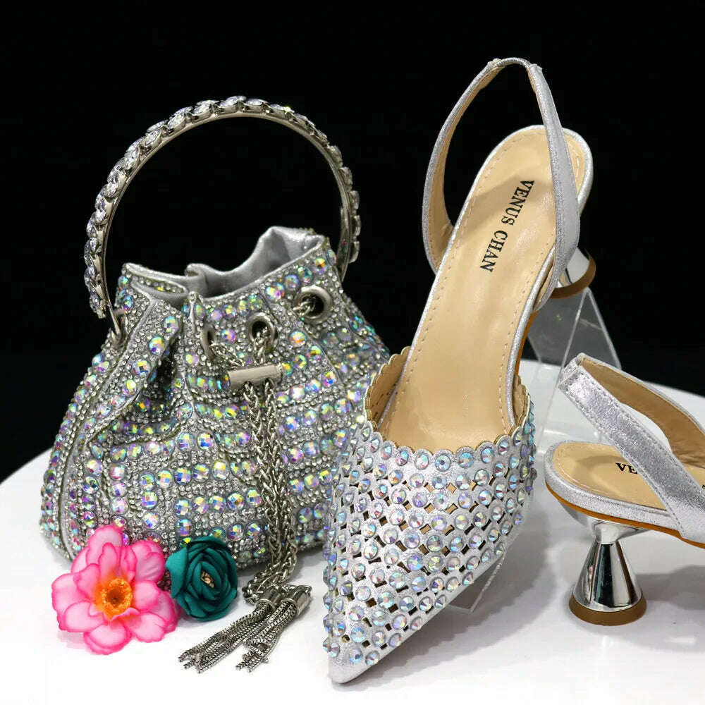 Venus Chan High Heels for Lady 2023 Luxury Designer Green Color Full Diamond Pointed Toe Wedding Shoe and Bag Set for Party - KIMLUD