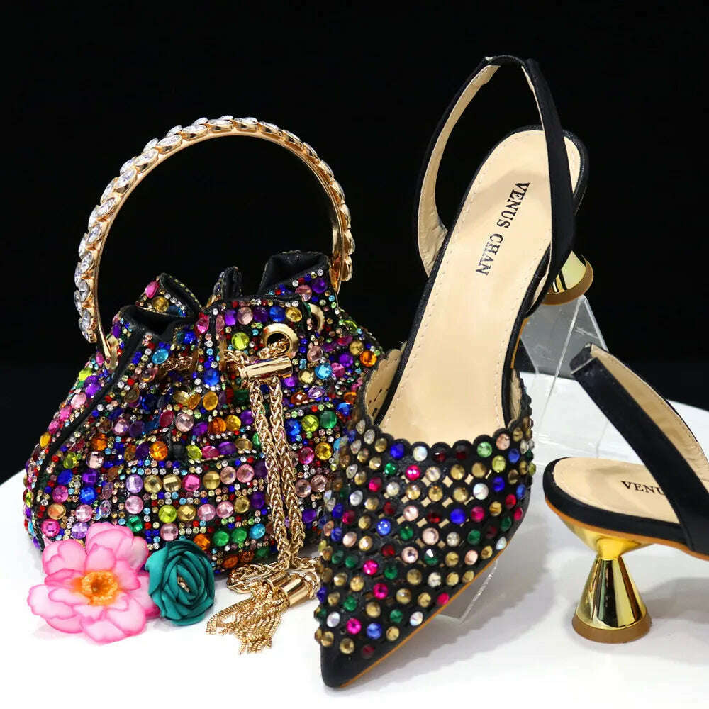 Venus Chan High Heels for Lady 2023 Luxury Designer Green Color Full Diamond Pointed Toe Wedding Shoe and Bag Set for Party - KIMLUD