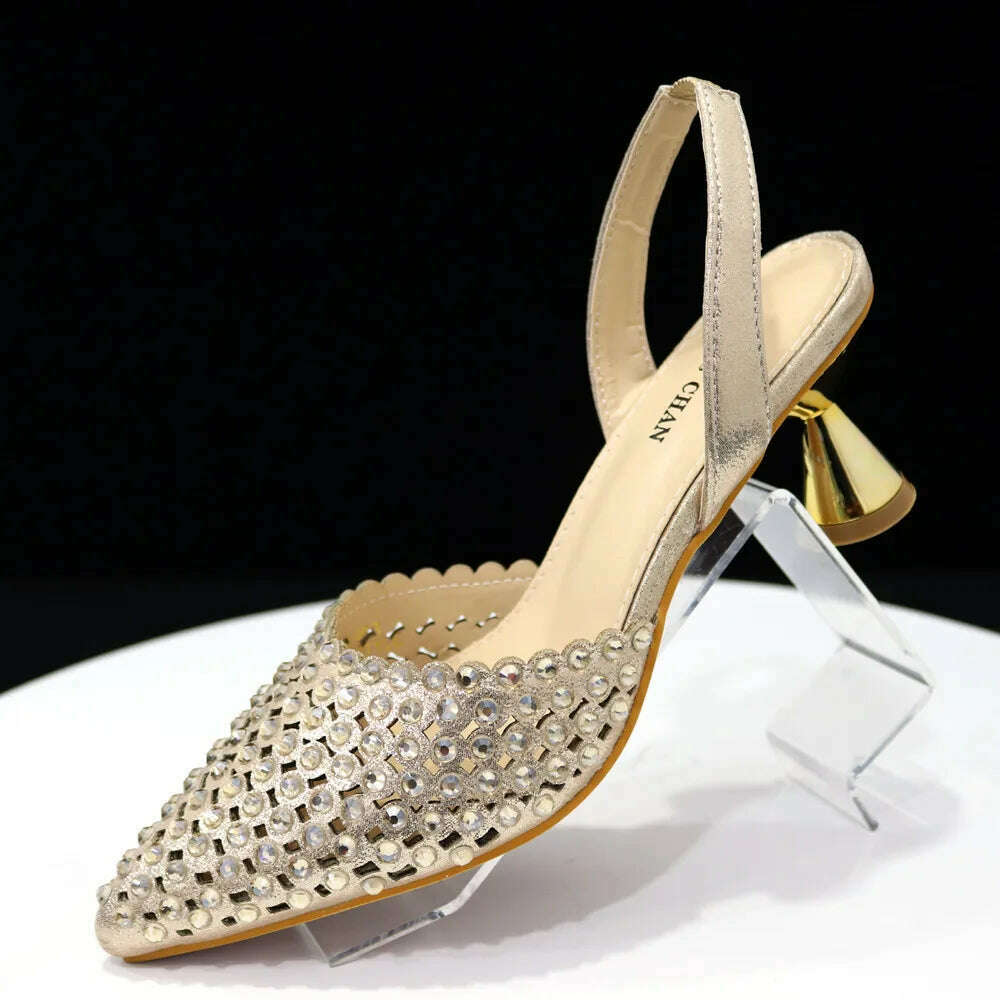 Venus Chan High Heels for Lady 2023 Luxury Designer Green Color Full Diamond Pointed Toe Wedding Shoe and Bag Set for Party - KIMLUD
