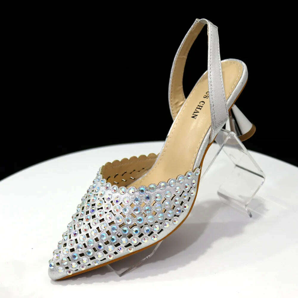 Venus Chan High Heels for Lady 2023 Luxury Designer Green Color Full Diamond Pointed Toe Wedding Shoe and Bag Set for Party - KIMLUD