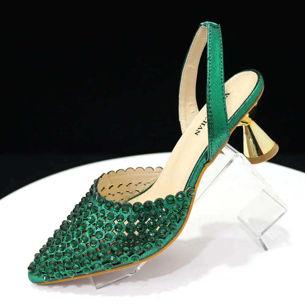 Venus Chan High Heels for Lady 2023 Luxury Designer Green Color Full Diamond Pointed Toe Wedding Shoe and Bag Set for Party - KIMLUD