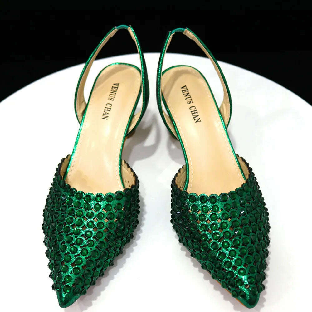 Venus Chan High Heels for Lady 2023 Luxury Designer Green Color Full Diamond Pointed Toe Wedding Shoe and Bag Set for Party - KIMLUD