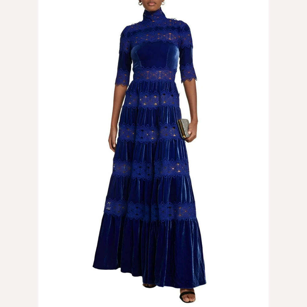 VGH Hollow Out Embroidery Elegant Dresses For Women Turtleneck Half Sleeve High Waist Spliced Tiered Lace Vintage Dress Female - KIMLUD