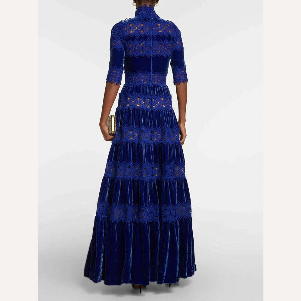 VGH Hollow Out Embroidery Elegant Dresses For Women Turtleneck Half Sleeve High Waist Spliced Tiered Lace Vintage Dress Female - KIMLUD