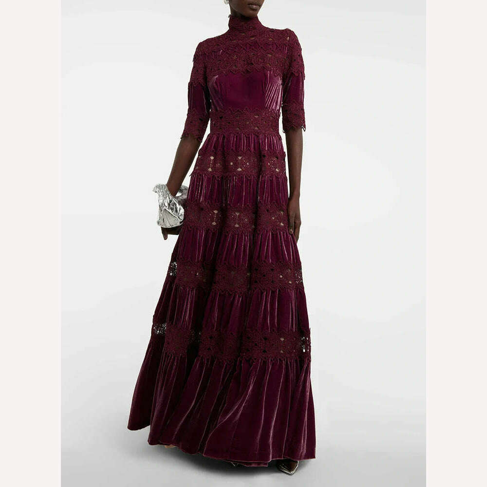 VGH Hollow Out Embroidery Elegant Dresses For Women Turtleneck Half Sleeve High Waist Spliced Tiered Lace Vintage Dress Female - KIMLUD