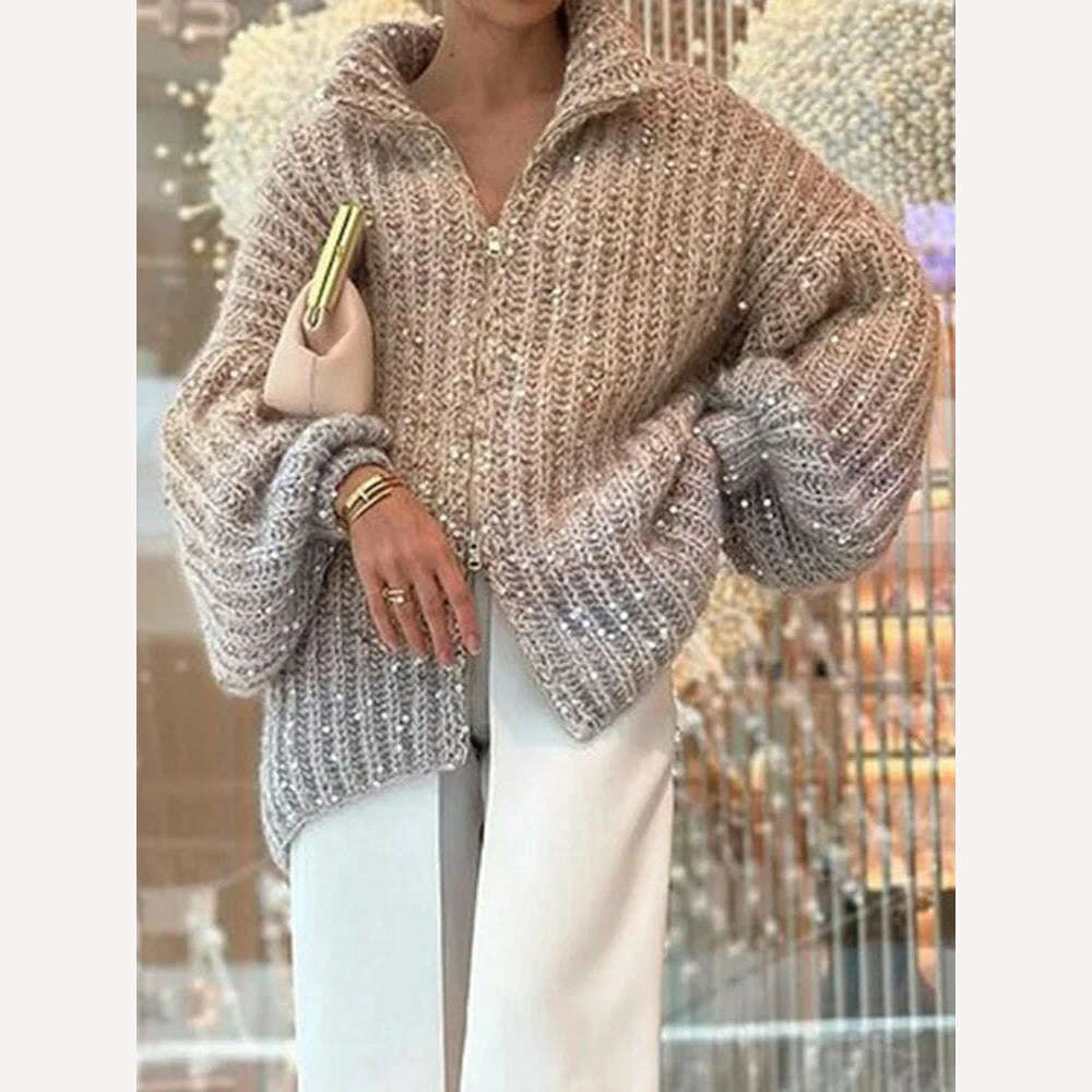 VGH Patchwork Sequins Casual Knitting Sweaters For Women Stand Collar Lantern Sleeve Spliced Zipper Minimalist Cardigan Female - KIMLUD