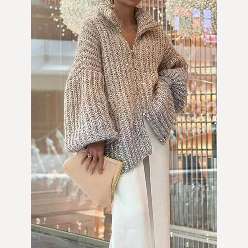 VGH Patchwork Sequins Casual Knitting Sweaters For Women Stand Collar Lantern Sleeve Spliced Zipper Minimalist Cardigan Female - KIMLUD