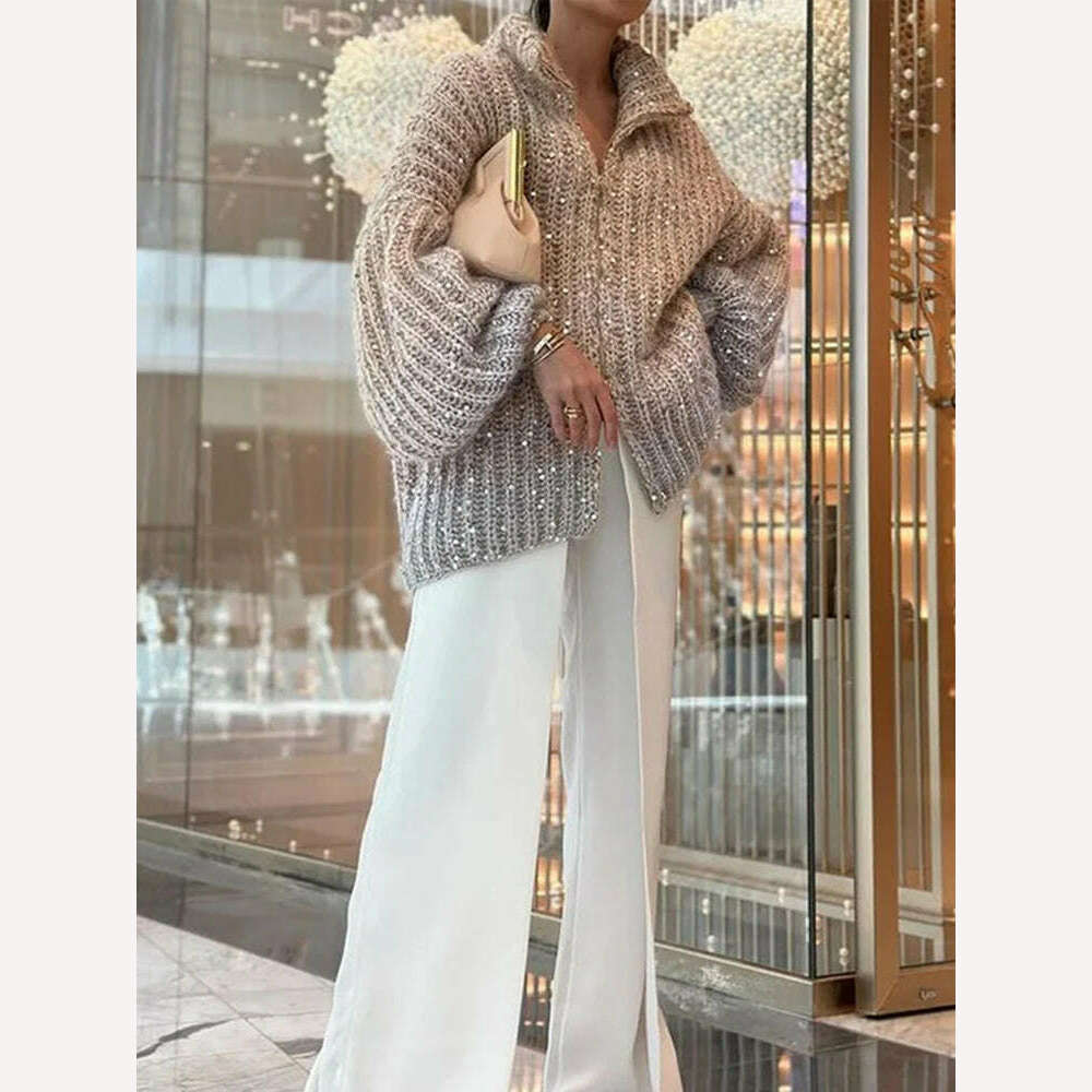 VGH Patchwork Sequins Casual Knitting Sweaters For Women Stand Collar Lantern Sleeve Spliced Zipper Minimalist Cardigan Female - KIMLUD