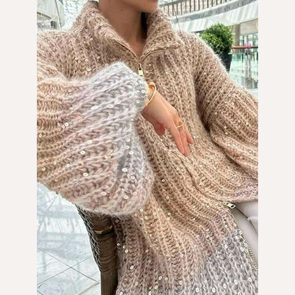 VGH Patchwork Sequins Casual Knitting Sweaters For Women Stand Collar Lantern Sleeve Spliced Zipper Minimalist Cardigan Female - KIMLUD