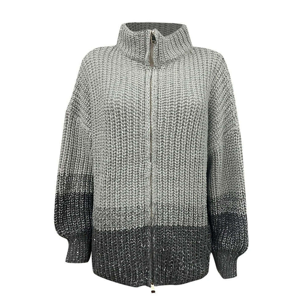 VGH Patchwork Sequins Casual Knitting Sweaters For Women Stand Collar Lantern Sleeve Spliced Zipper Minimalist Cardigan Female - KIMLUD
