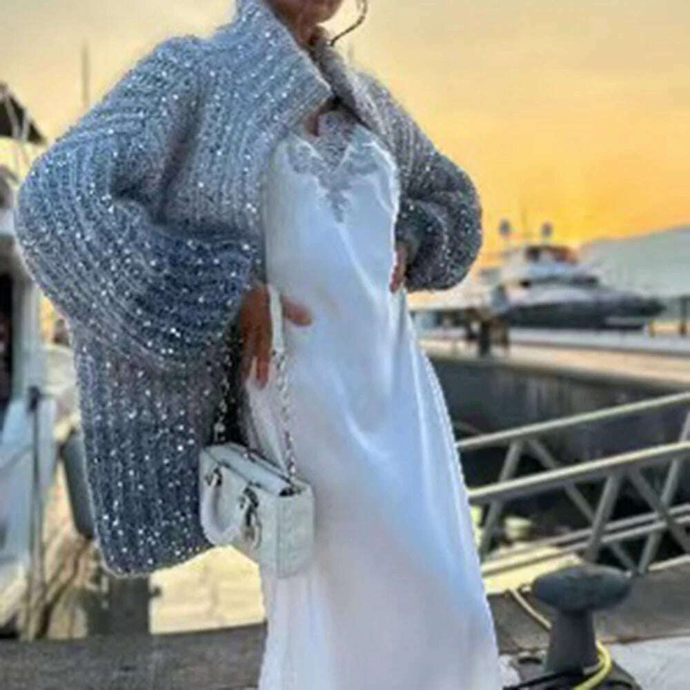 VGH Patchwork Sequins Casual Knitting Sweaters For Women Stand Collar Lantern Sleeve Spliced Zipper Minimalist Cardigan Female - KIMLUD