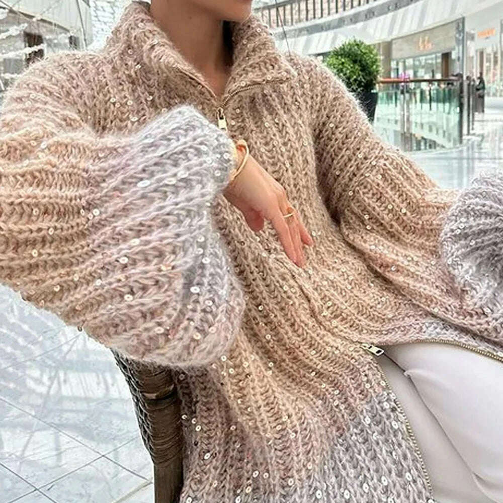 VGH Patchwork Sequins Casual Knitting Sweaters For Women Stand Collar Lantern Sleeve Spliced Zipper Minimalist Cardigan Female - KIMLUD