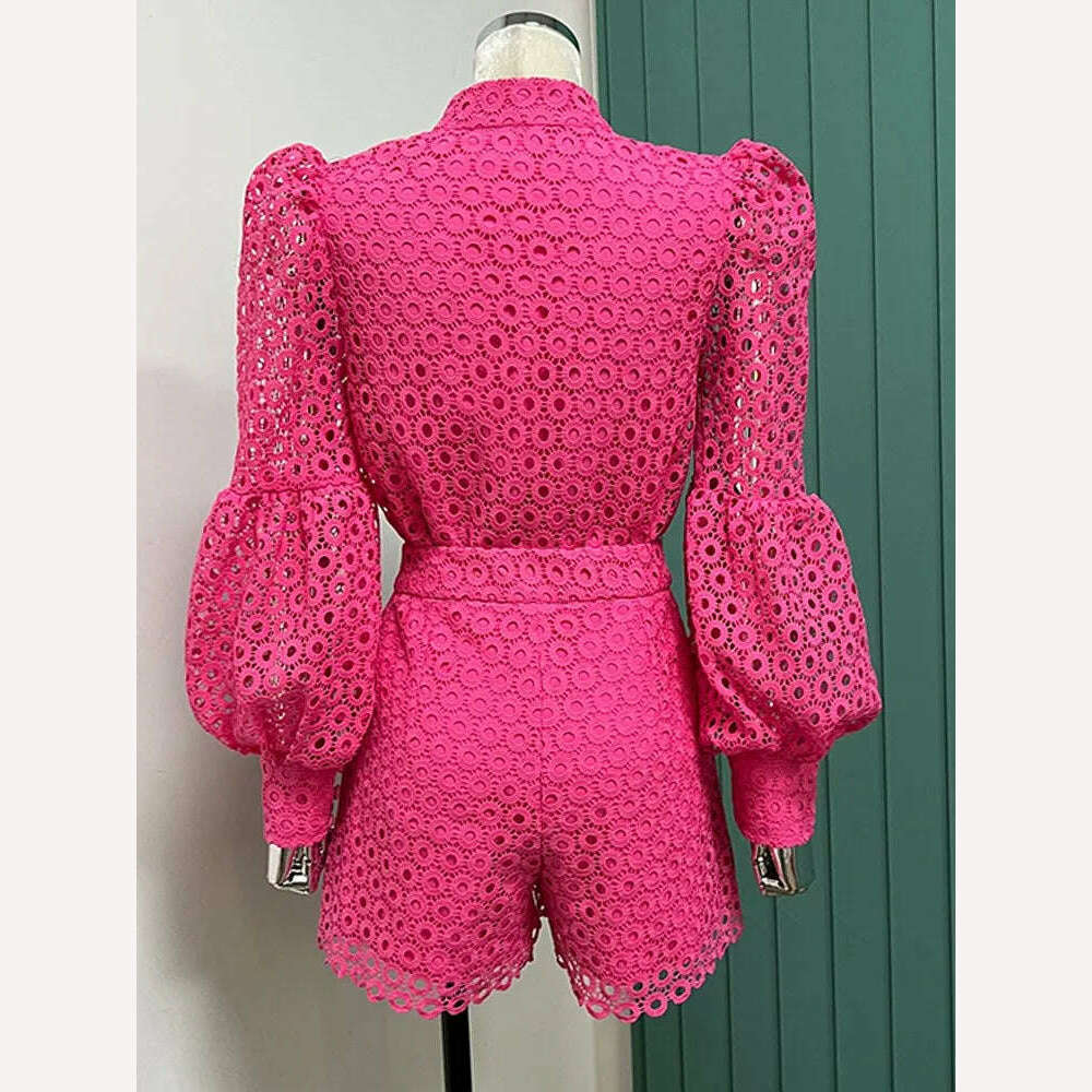 VGH Solid Two Piece Set For Women Round Neck Lantern Sleeve Cut Out Spliced Pearls Floral Top High Waist Shorts Chic Sets Female - KIMLUD